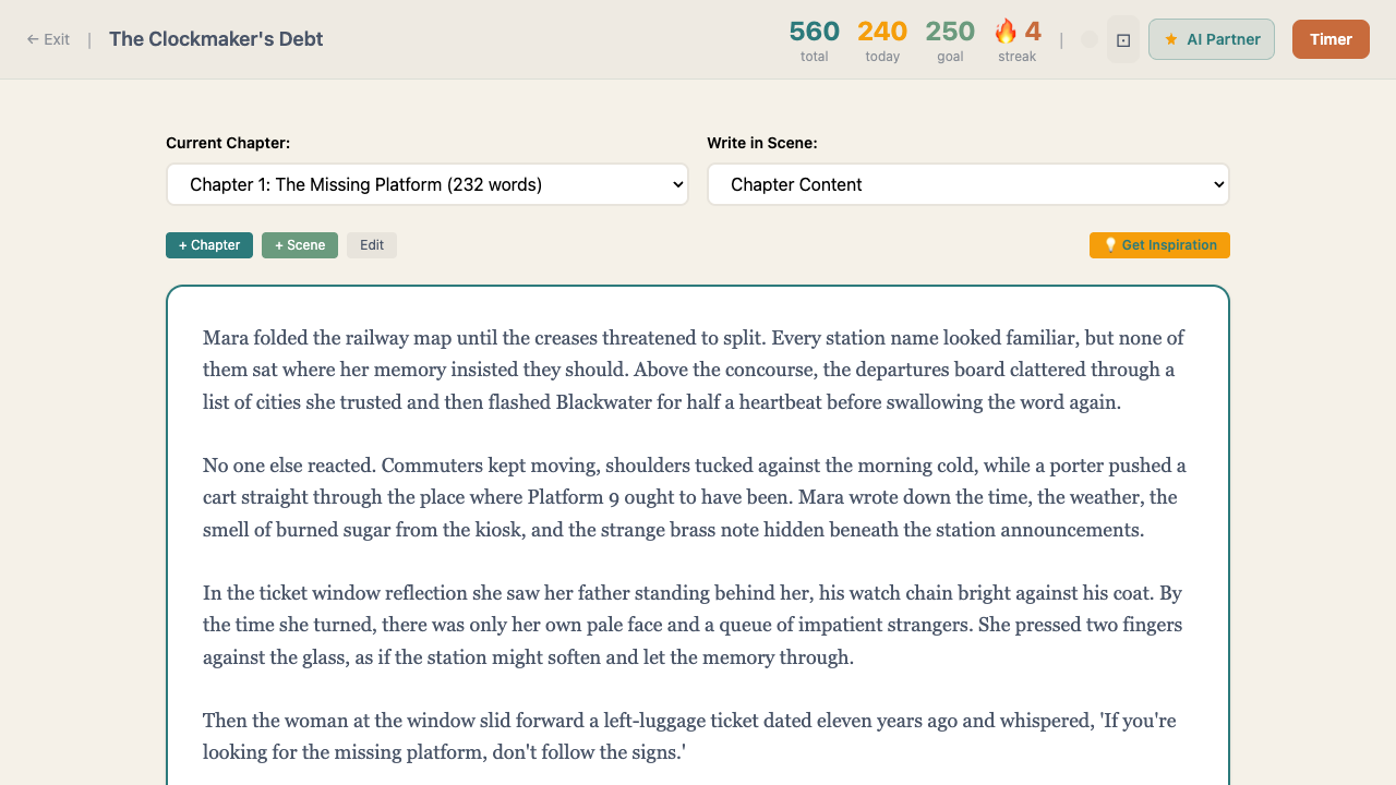 Focus writing mode screenshot showing chapter text, scene controls, timer, and AI partner